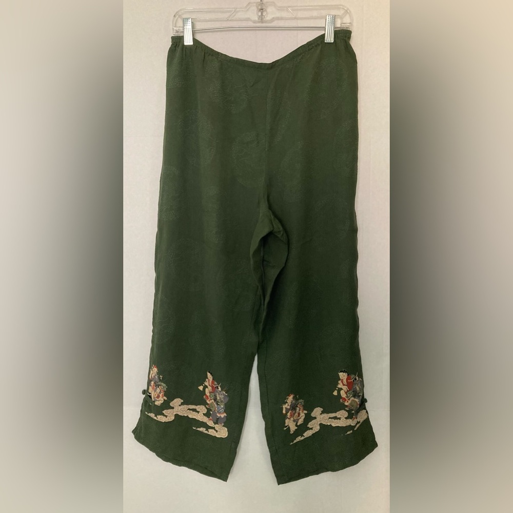 Citron GUC Size Large 100% Silk Olive Green Drop Waist Pull-on Pants with Design